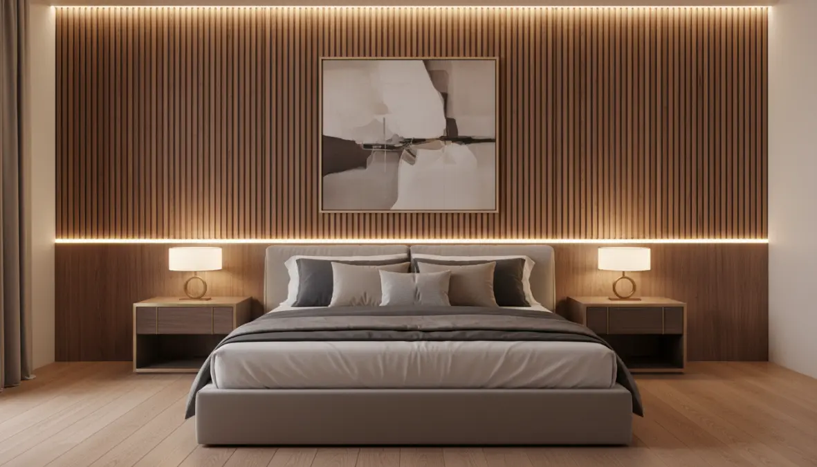 Boiserie camera da letto moderna in legno con illuminazione LED integrata