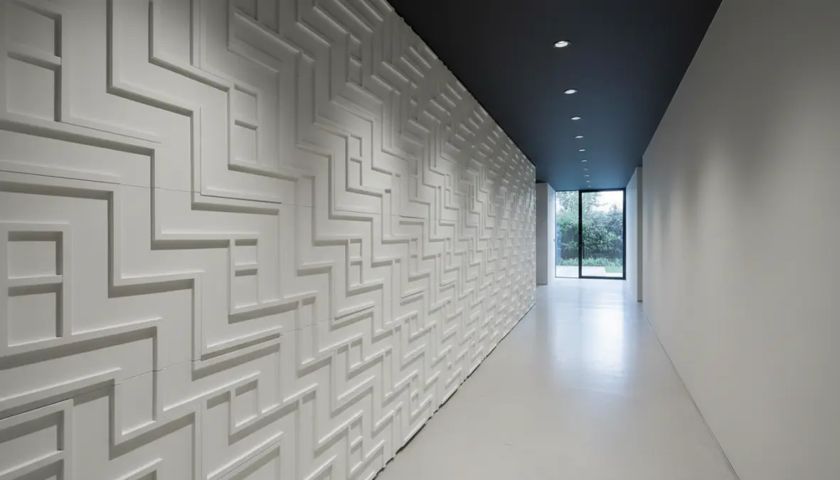Rivestimenti pareti interni moderni con pannelli decorativi geometrici in corridoio