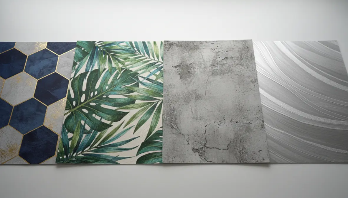 Campioni di carta da parati moderna con diversi pattern decorativi e texture