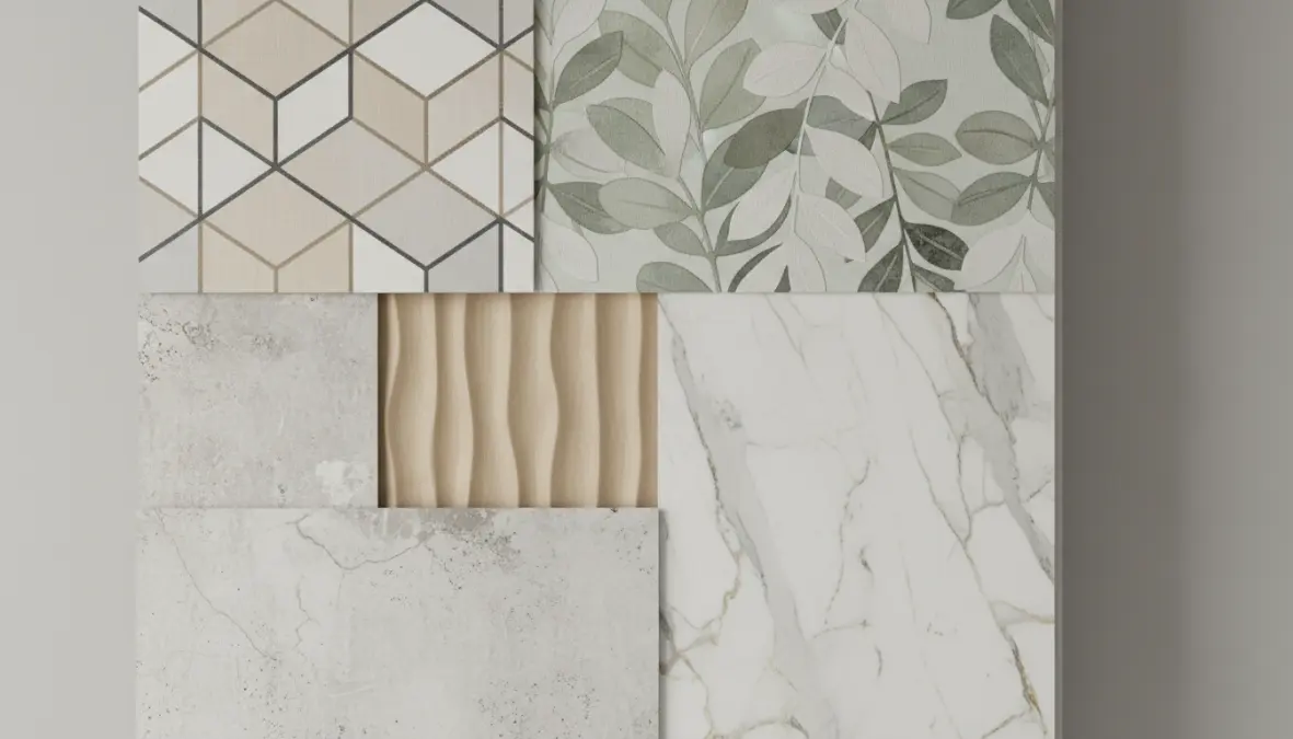 Campioni di carta da parati moderna con diversi pattern geometrici e texture materiche