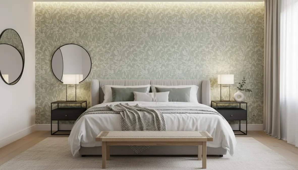 Camera da letto con carta da parati moderna dietro la testata del letto