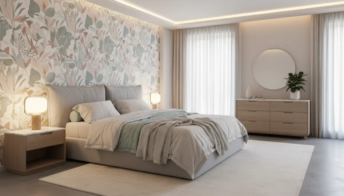 Camera da letto con carta da parati moderna botanica dietro testata letto in stile contemporaneo