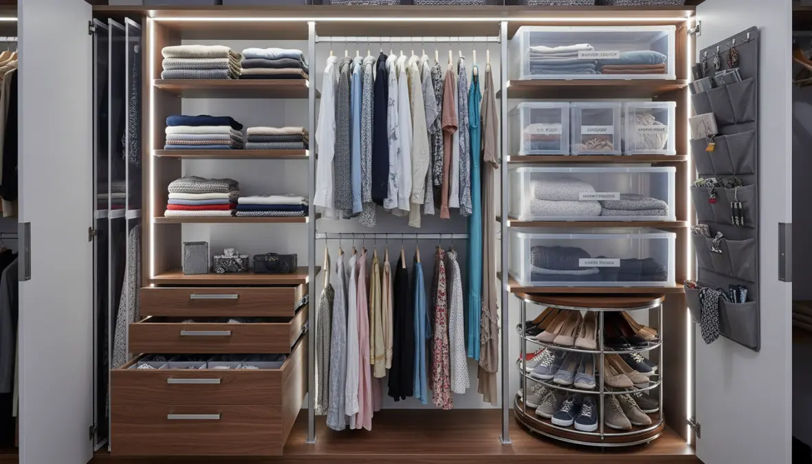 Soluzioni salvaspazio intelligenti per organizzare cabina armadio con divisori e contenitori