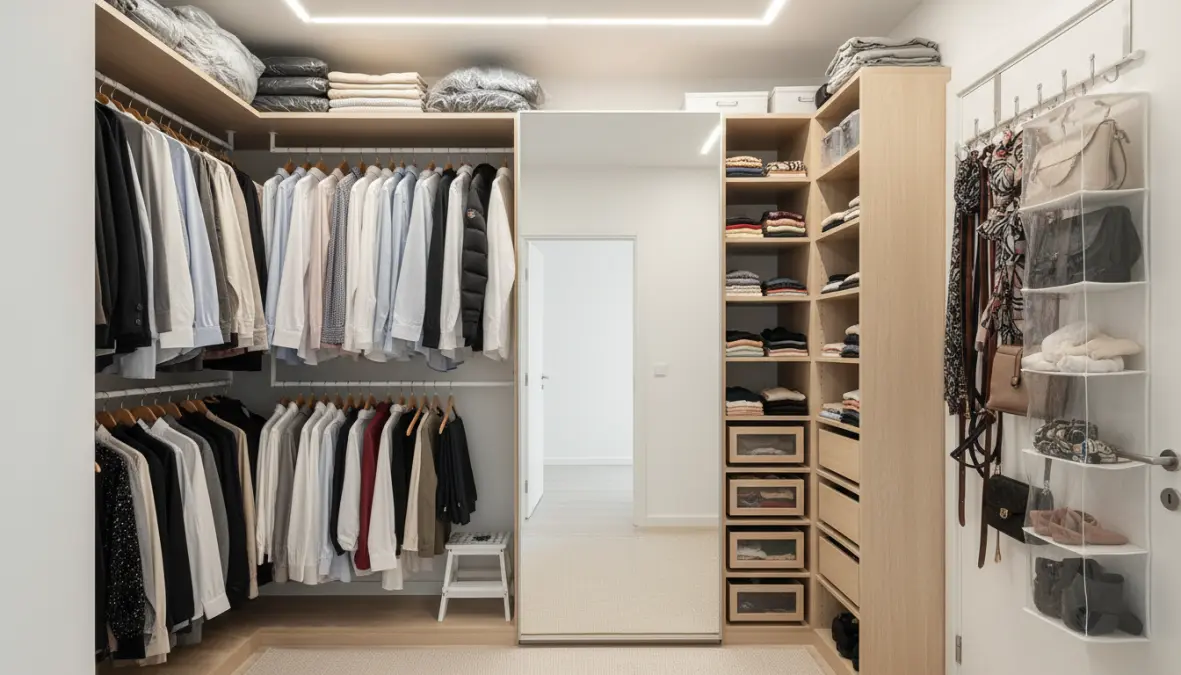 Cabina armadio piccola con trucchi salvaspazio e specchi per ottimizzare lo spazio disponibile