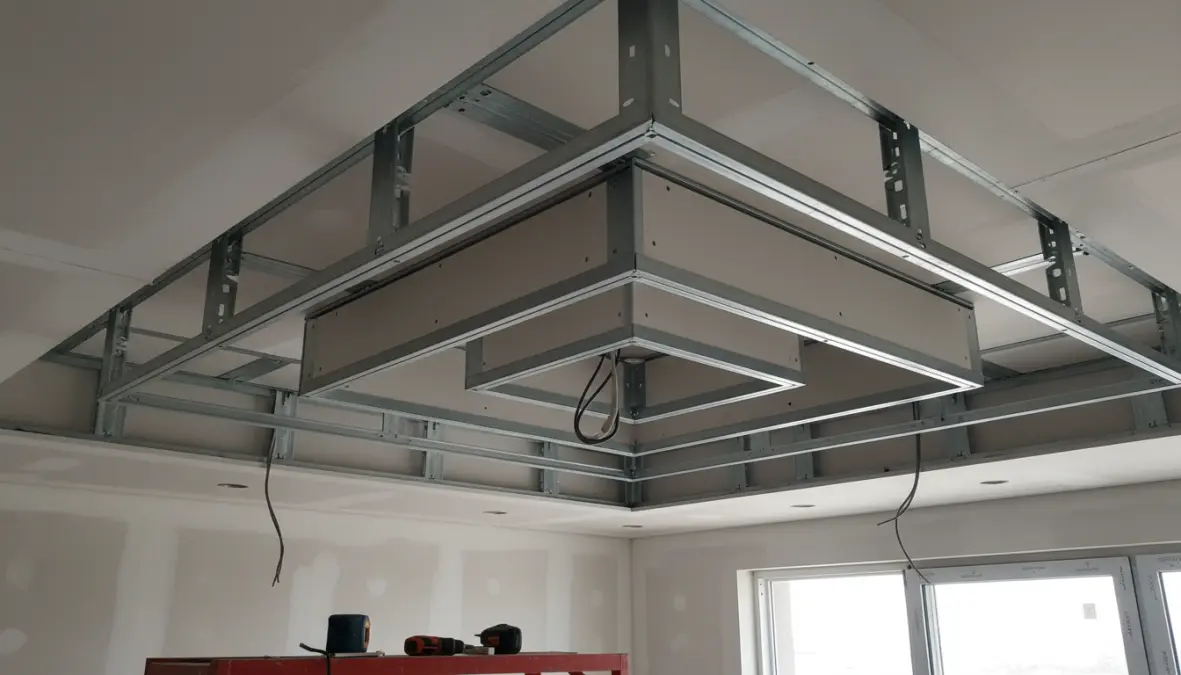 Dettaglio controsoffitto cartongesso decorativo con struttura metallica e design geometrico