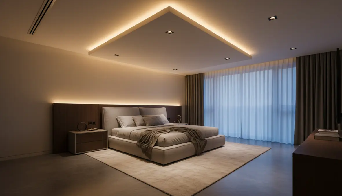 Controsoffitto luminoso con strisce LED RGB e illuminazione indiretta in camera da letto moderna