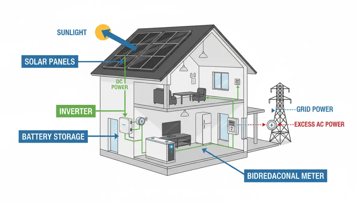 Schema funzionamento impianto fotovoltaico casa con pannelli, inverter e sistema di accumulo