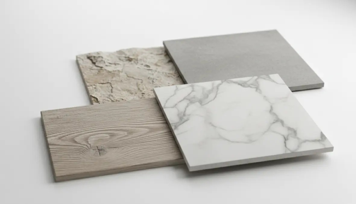 Campioni di piastrelle gres porcellanato con diversi effetti estetici: legno, marmo, pietra e cemento