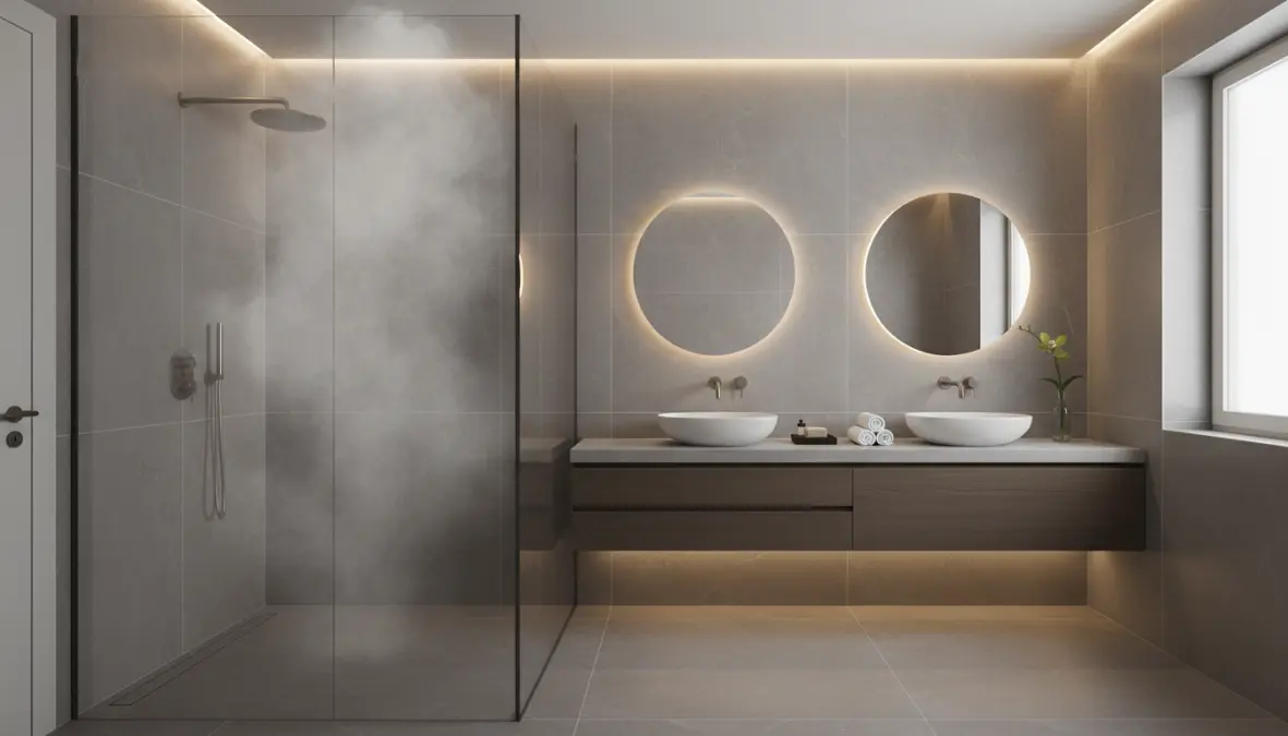 Bagno moderno con rivestimento completo in gres porcellanato grigio effetto cemento