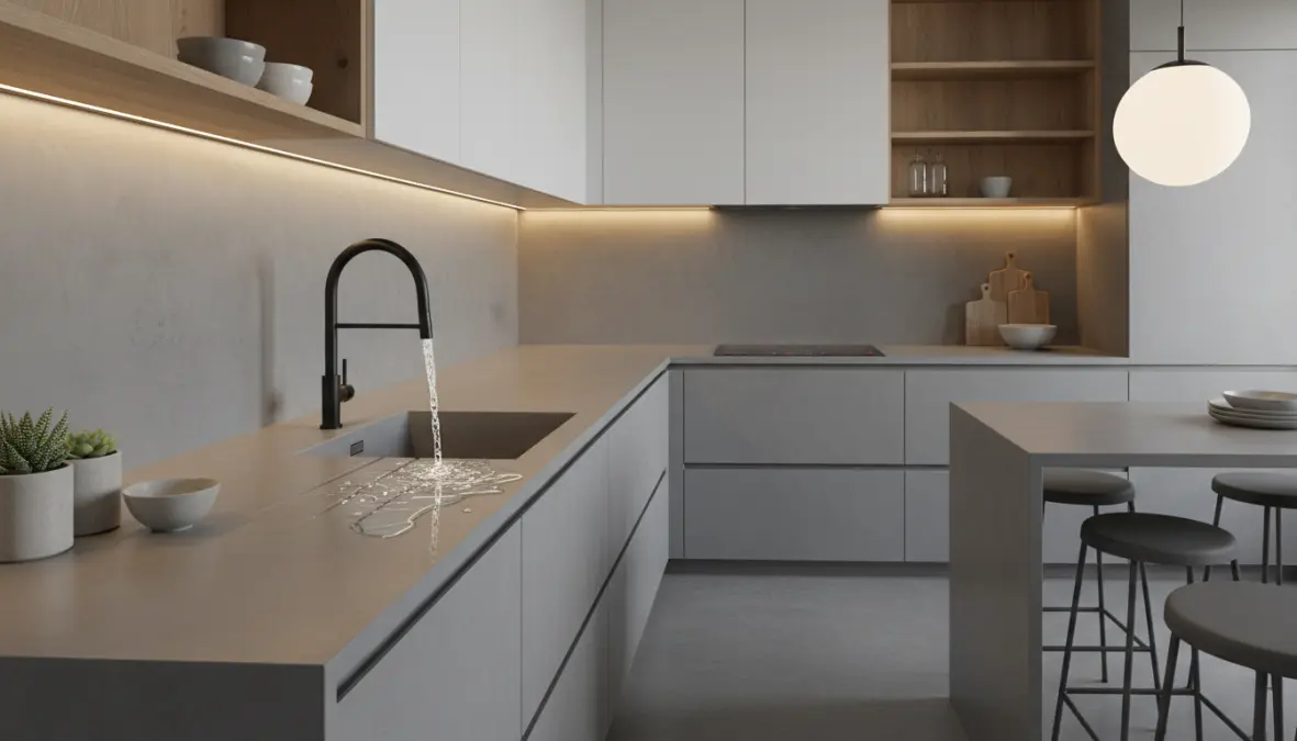 Cucina moderna con top e paraschizzi in microcemento continuo resistente