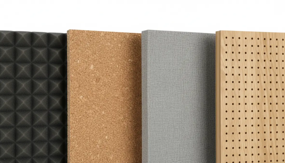 Confronto materiali fonoassorbenti per pannelli acustici casa: poliuretano, sughero, tessuto e legno