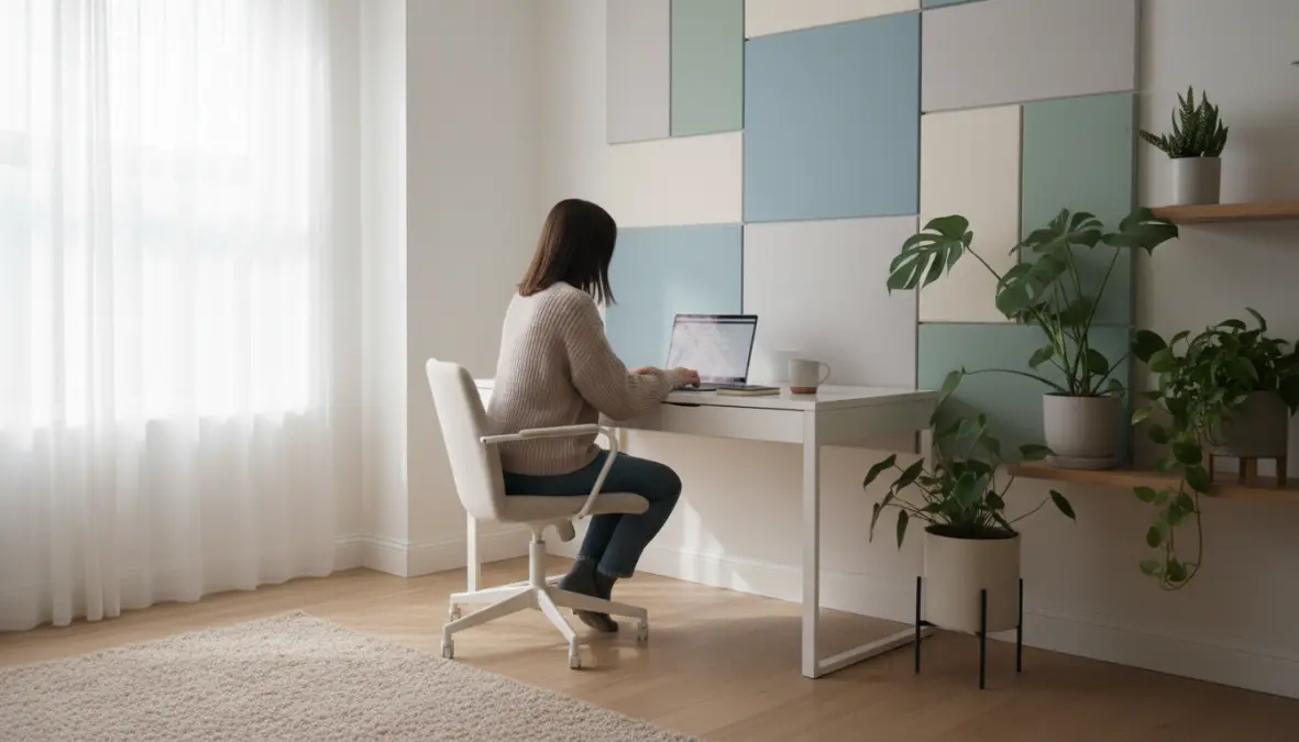 Ufficio domestico con pannelli fonoassorbenti decorativi installati per isolamento acustico