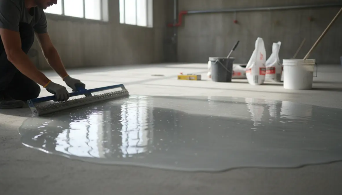 Applicazione di resina epossidica autolivellante per pavimenti interni