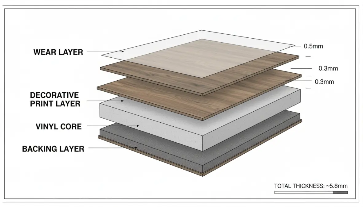 Struttura a strati del pavimento vinilico LVT con strato di usura e supporto