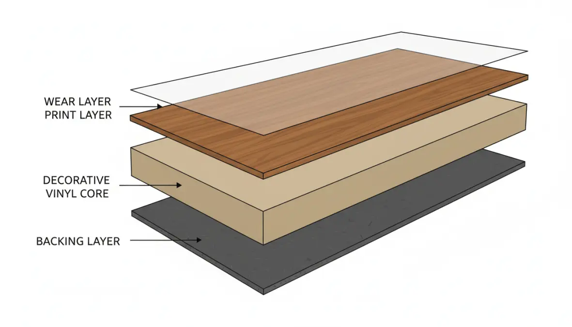 Struttura a strati del pavimento vinilico LVT con strato di usura e supporto