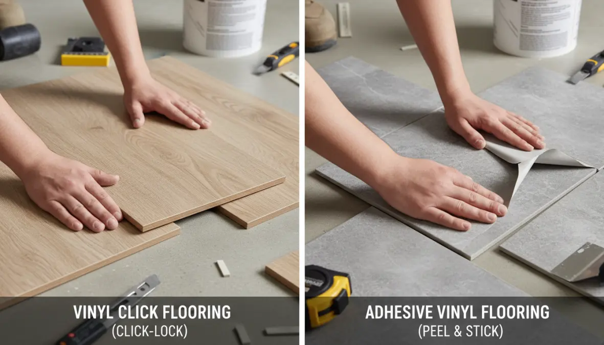 Confronto tra posa pavimento vinilico click e pavimento vinilico adesivo