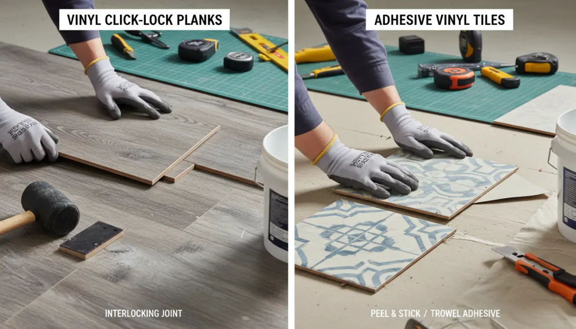 Confronto tra posa pavimento vinilico click e pavimento vinilico adesivo