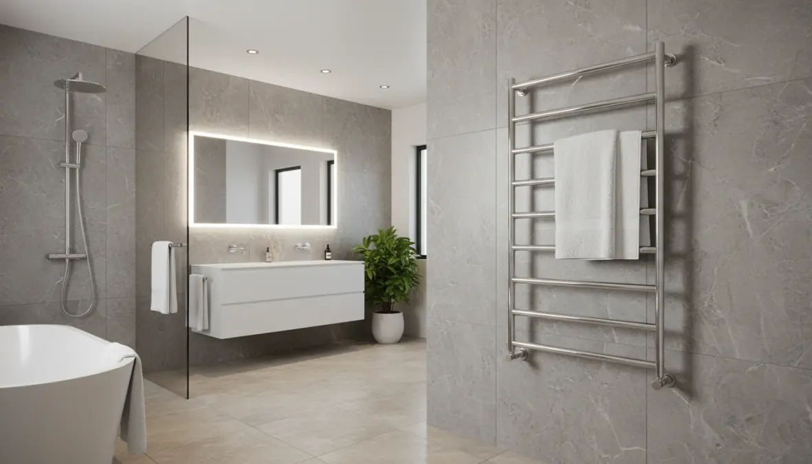 Scaldasalviette design cromato in bagno moderno con asciugamani bianchi