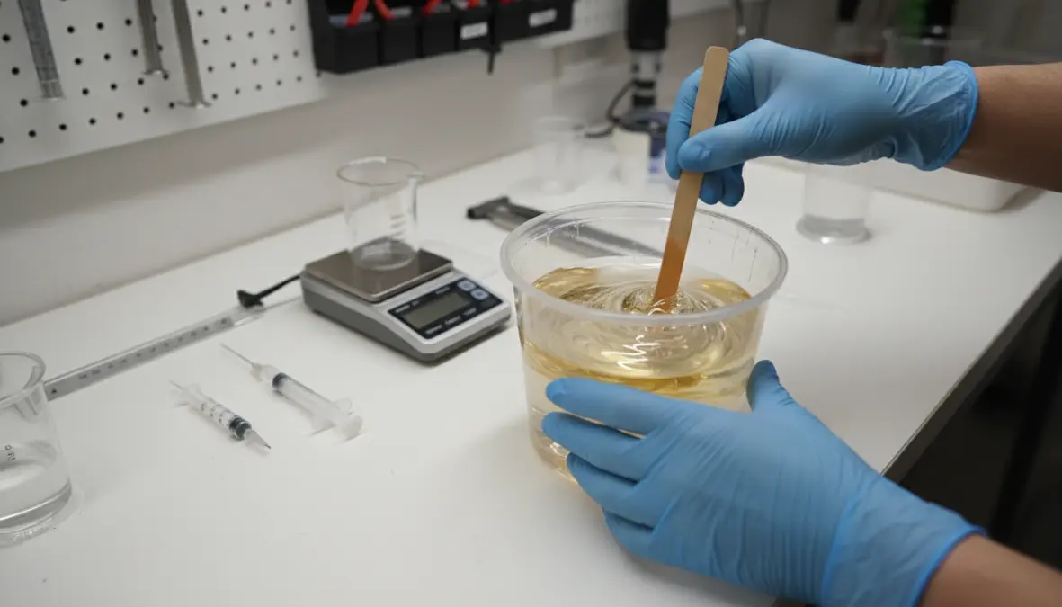 Miscelazione della resina epossidica bicomponente con indurente per preparazione tavolo