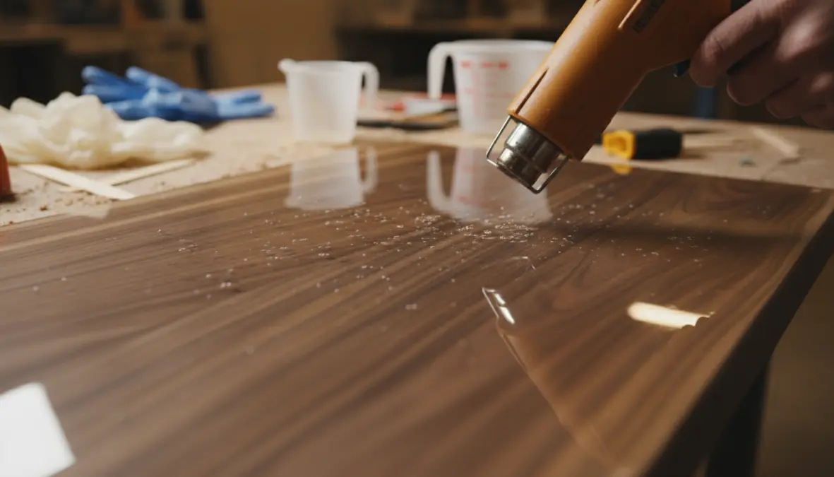 Rimozione bolle d'aria dalla resina epossidica trasparente con pistola termica