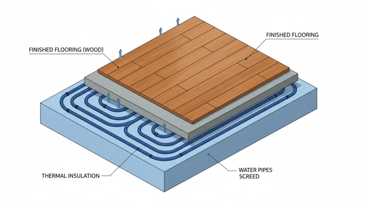 Schema tecnico del funzionamento del riscaldamento a pavimento con serpentine e massetto