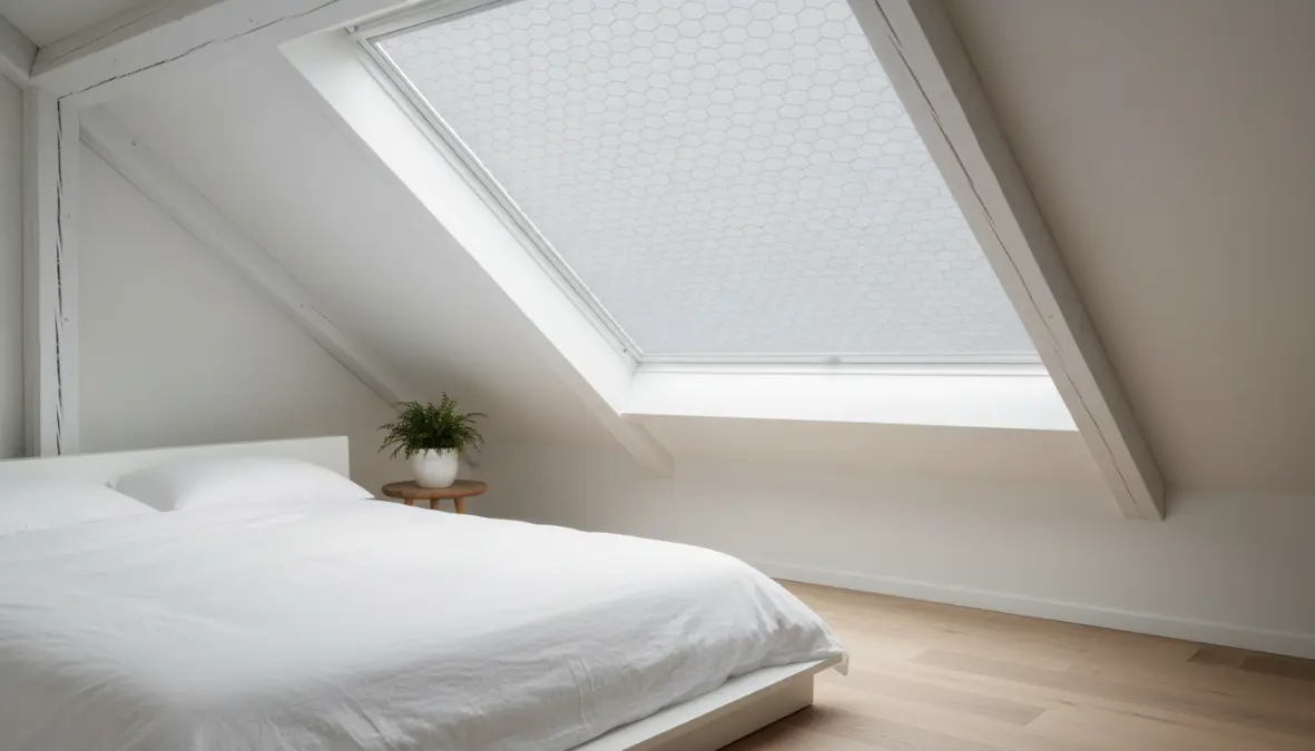 Tende plissettate moderne installate su finestra mansardata con tessuto tecnico filtrante