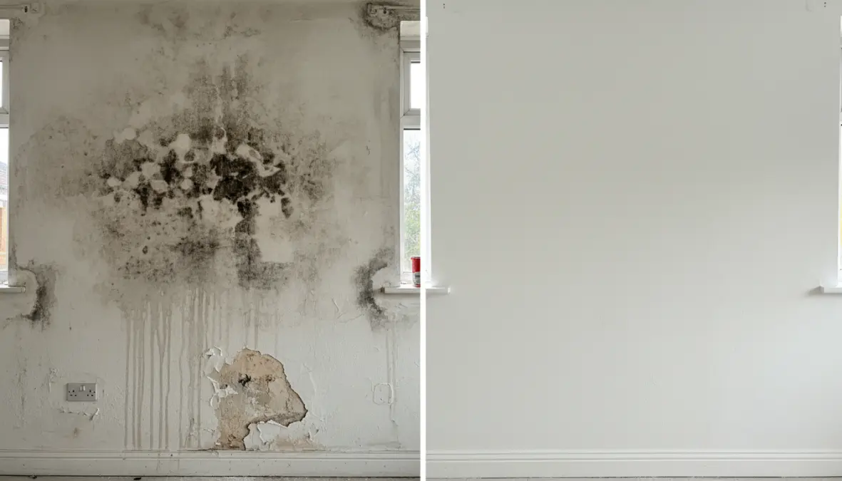 Confronto parete con muffa nera prima e dopo trattamento con pittura antimuffa traspirante