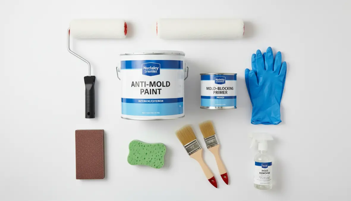 Set completo di strumenti e prodotti per applicare vernice antimuffa su pareti umide