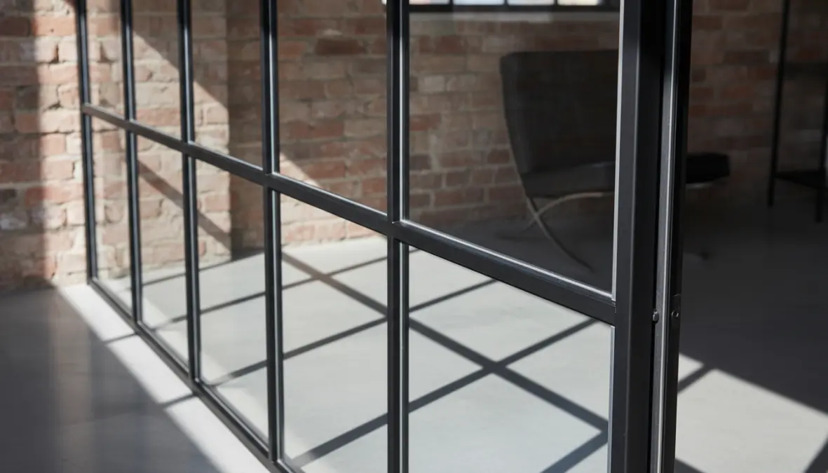 Parete vetrata interna fissa con telaio in acciaio nero stile industriale