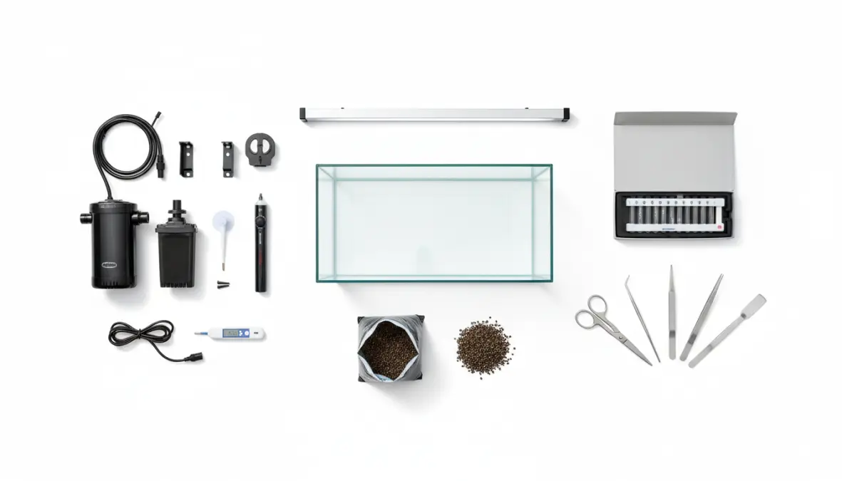 Attrezzatura completa per allestimento acquario casa con filtro, riscaldatore e accessori