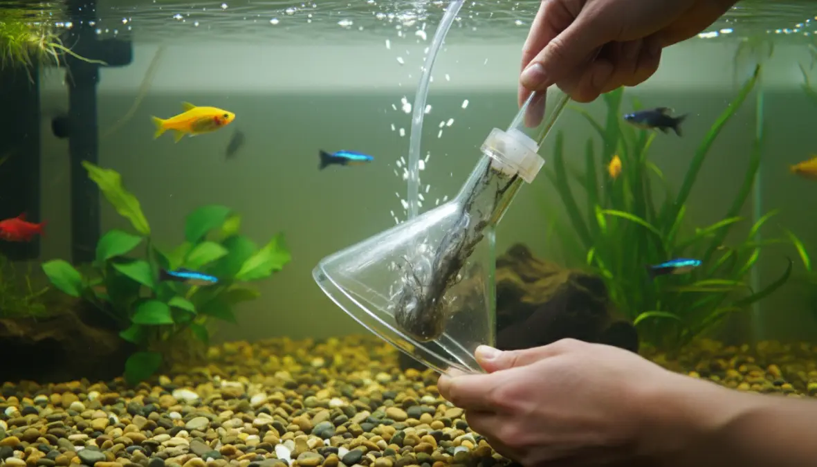 Manutenzione settimanale acquario con pulizia del fondo e cambio parziale dell'acqua