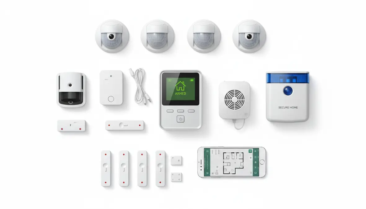 Componenti essenziali di un antifurto casa: centralina allarme, sensori movimento e sirena