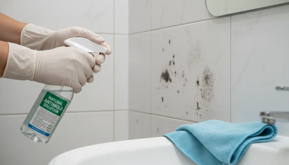 Applicazione di spray antimuffa naturale su piastrelle del bagno con muffa