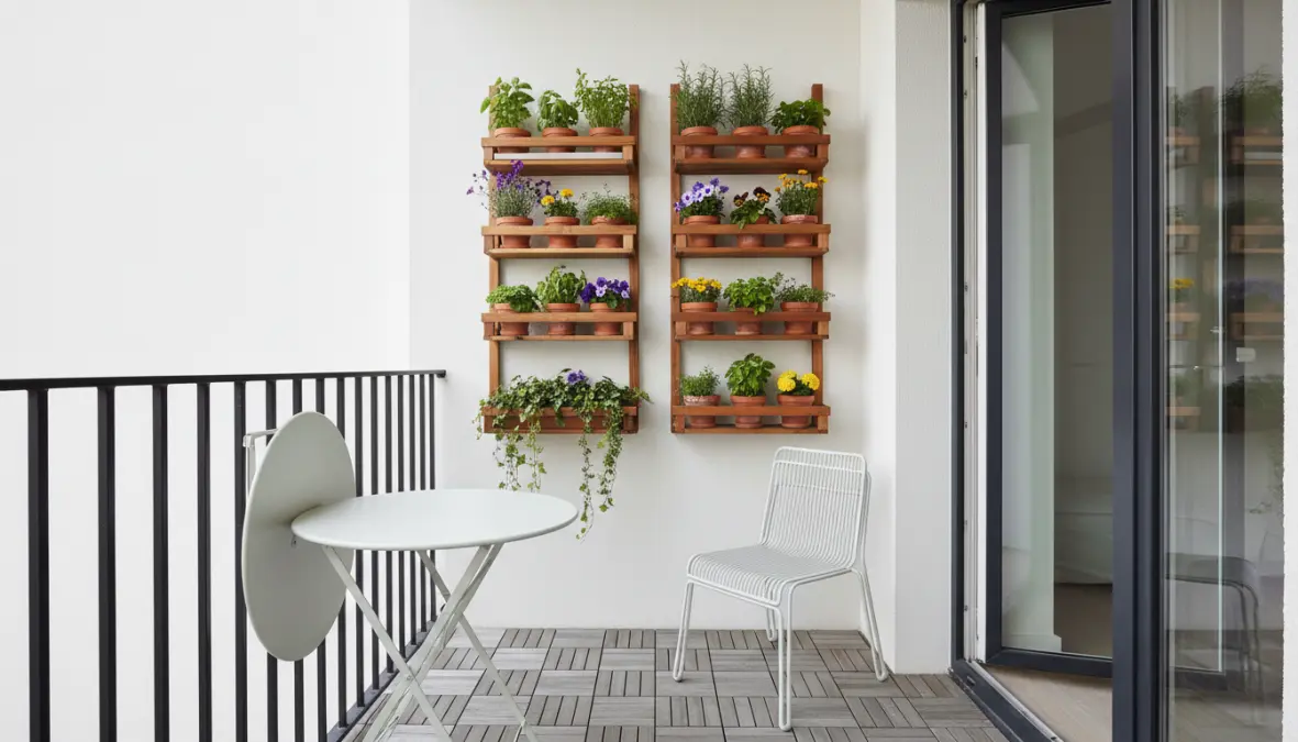 Balcone piccolo con soluzioni salvaspazio, mobili pieghevoli e organizzazione verticale