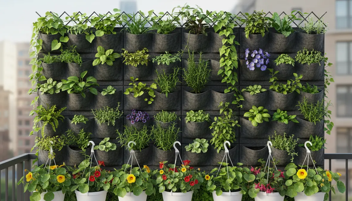 Giardino verticale su balcone con piante da balcone, erbe aromatiche e rampicanti per creare angolo verde