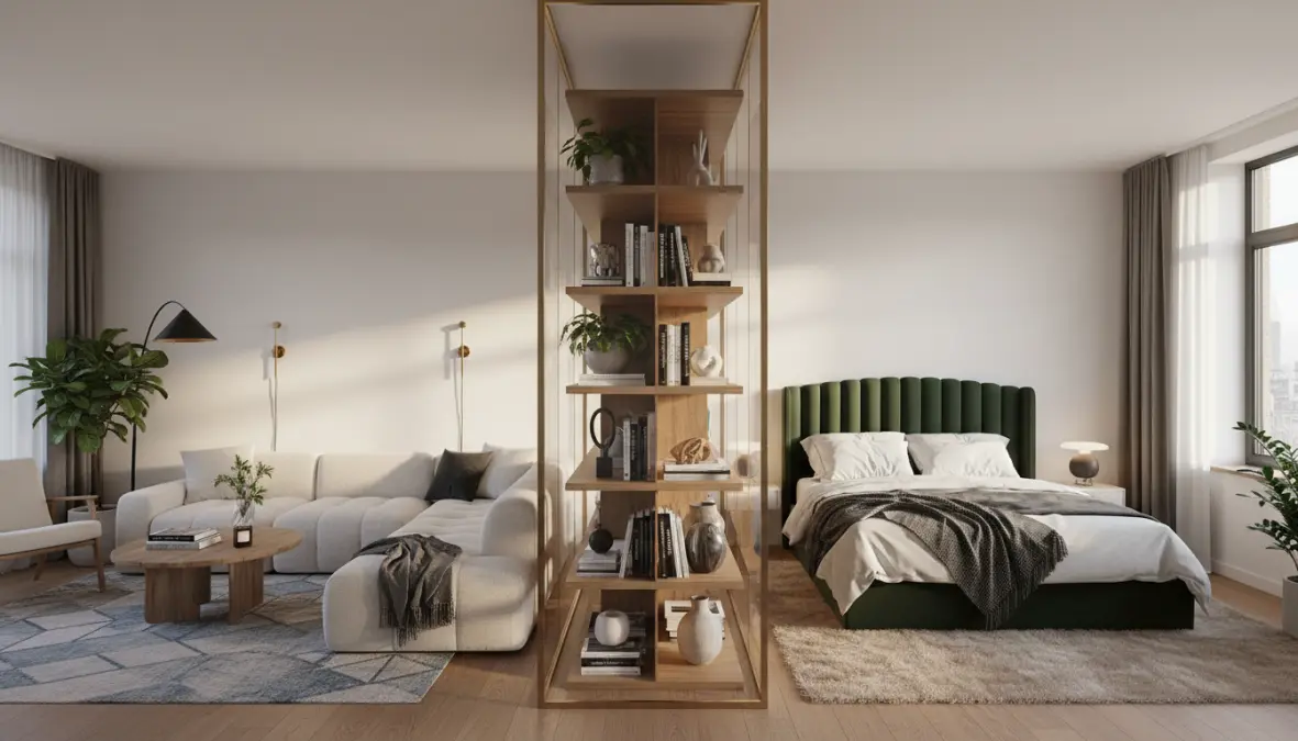 Divisione spazi monolocale con libreria bifacciale e divisori trasparenti