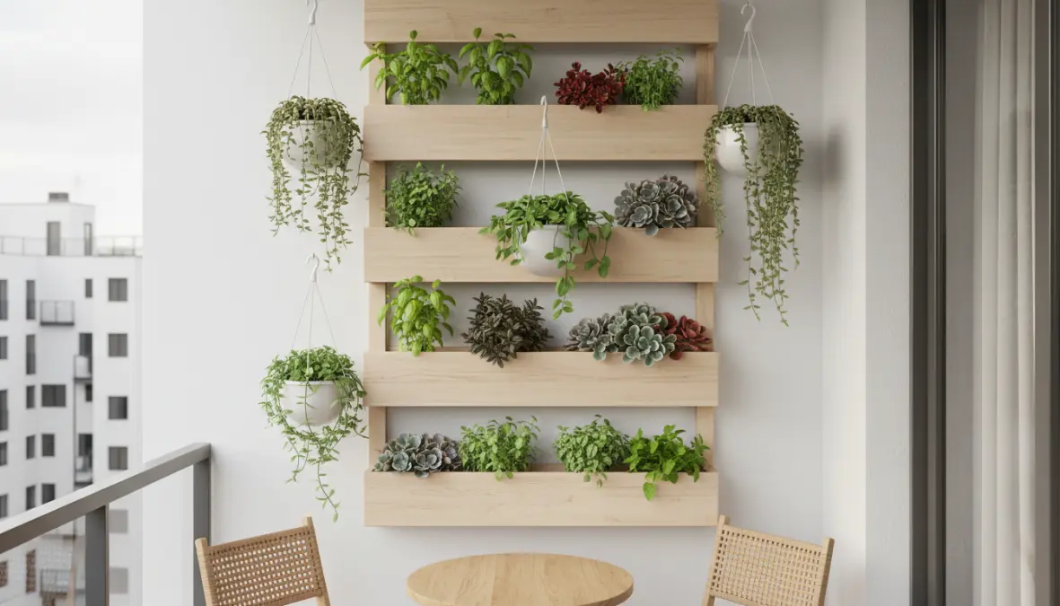 Giardino verticale su balcone piccolo con piante e mensole salvaspazio