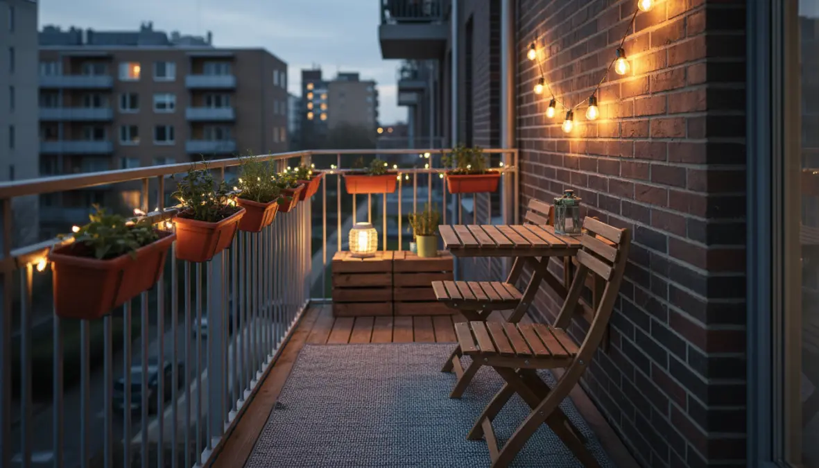 Balcone stretto arredato con mobili pieghevoli e illuminazione esterna