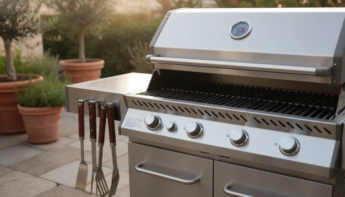 Dettaglio funzionalità barbecue da esterno con termometro e ripiani laterali