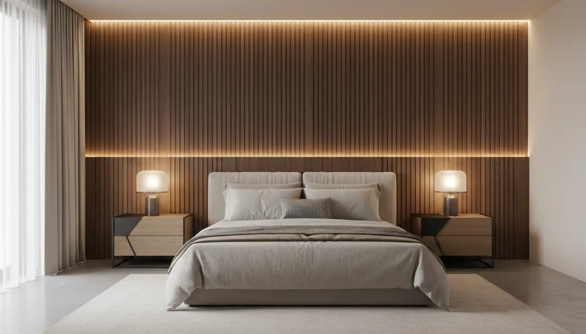 Boiserie camera da letto moderna in legno con illuminazione LED integrata