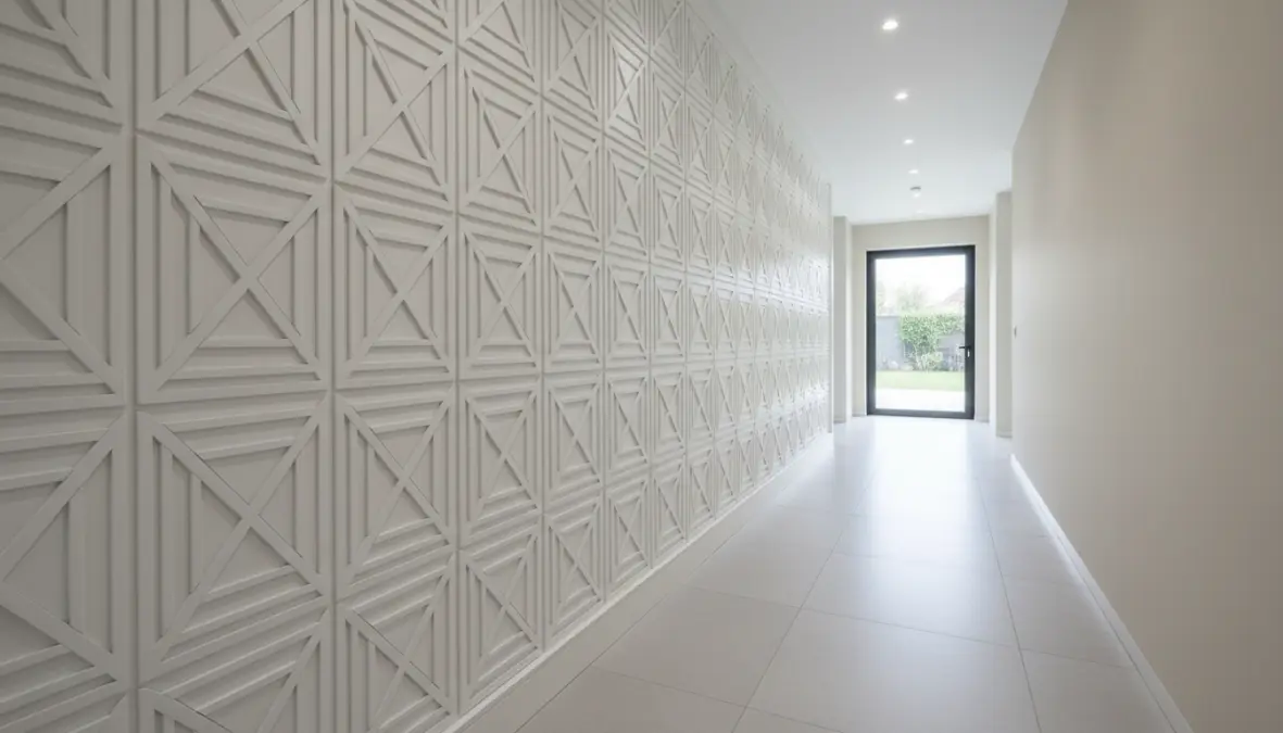 Rivestimenti pareti interni moderni con pannelli decorativi geometrici in corridoio