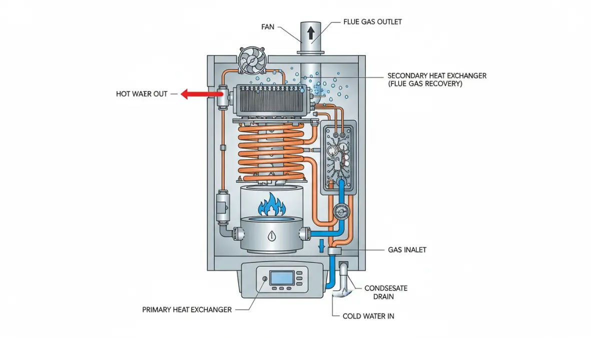 Schema di funzionamento interno caldaia a condensazione con recupero calore fumi
