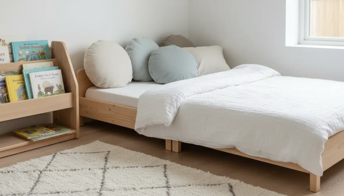 Letto Montessori basso in legno naturale per cameretta bambini a misura di autonomia