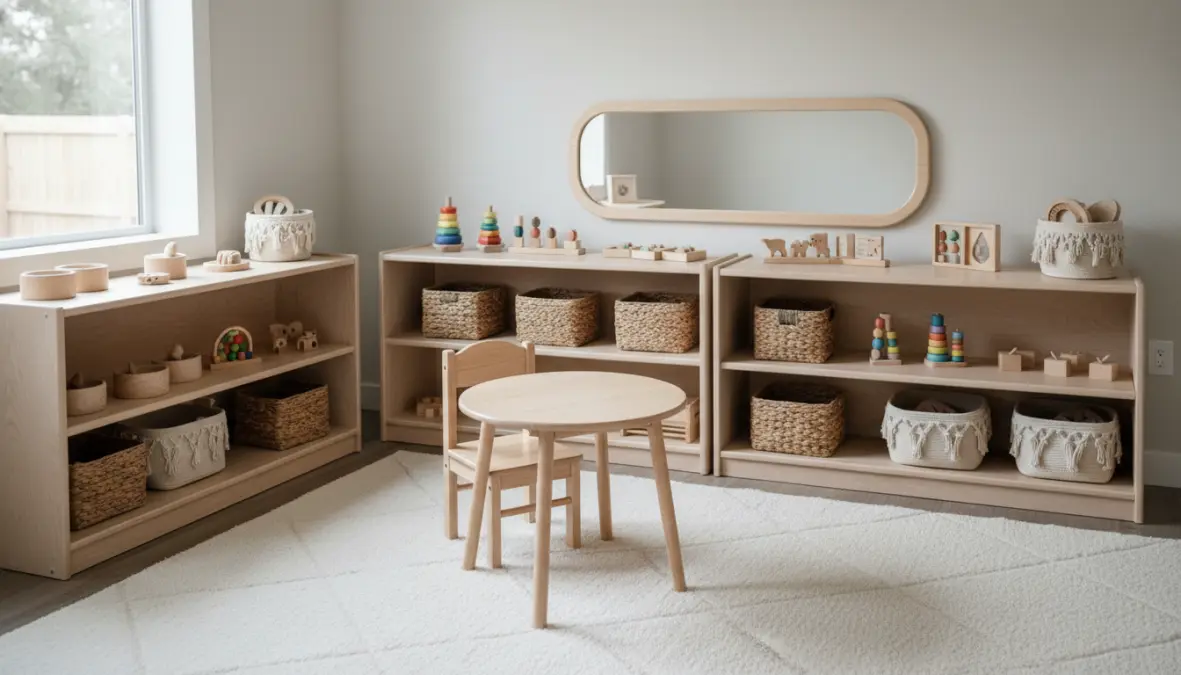 Zona gioco cameretta Montessori per bambini 2 anni con mobili bassi e giochi accessibili