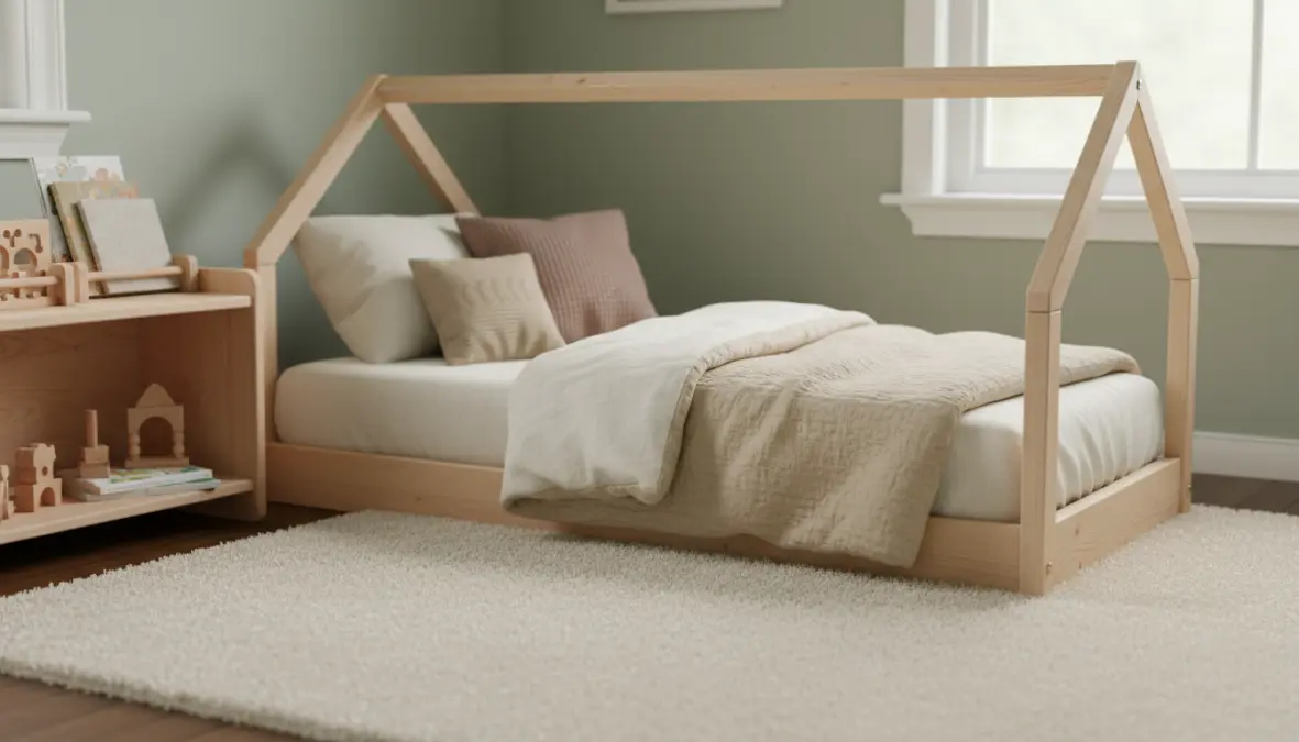 Letto montessoriano a terra con struttura in legno naturale per bambini