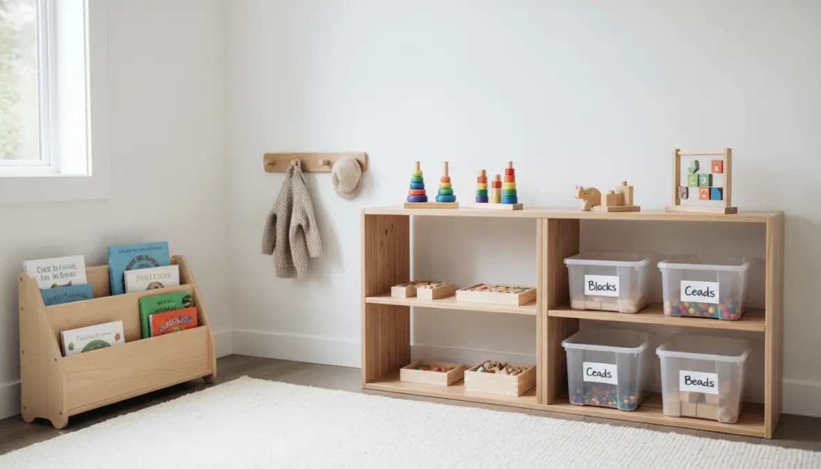Mobili montessori bassi e scaffali organizzati all'altezza del bambino per favorire l'autonomia