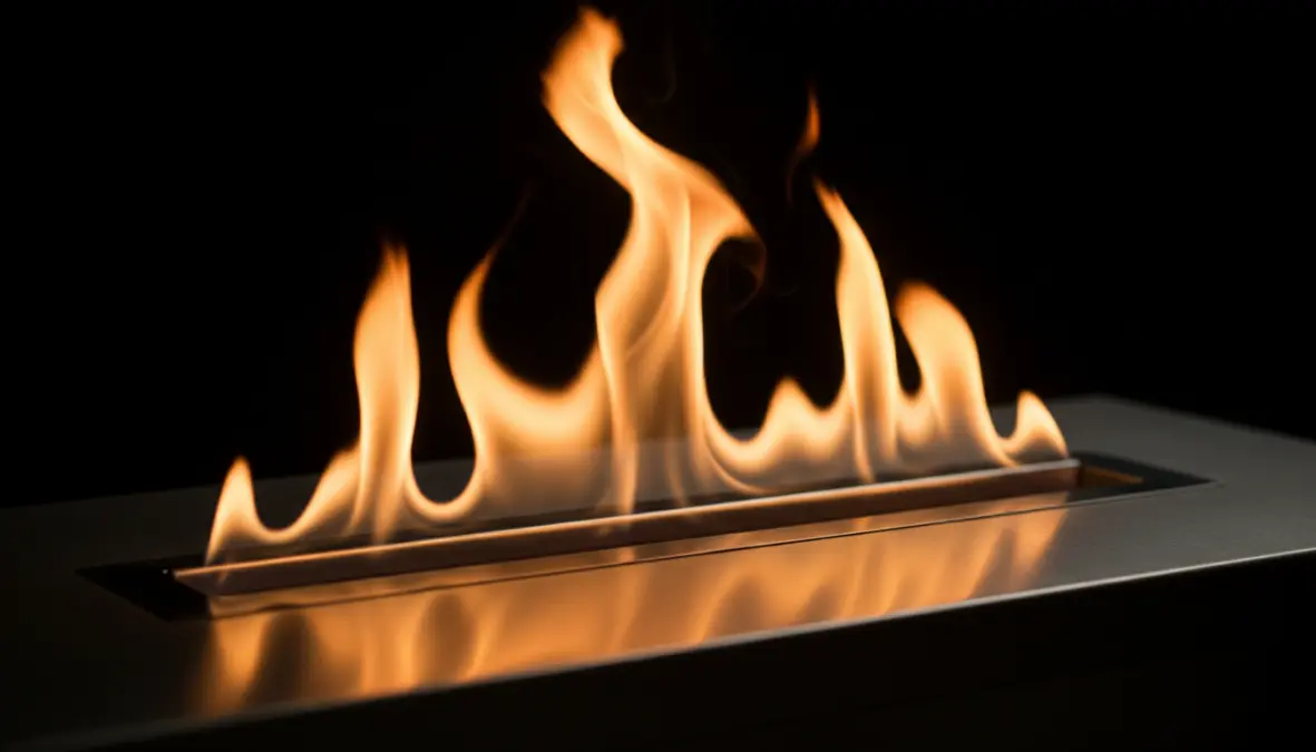 Dettaglio bruciatore camino a bioetanolo con fiamma in funzione