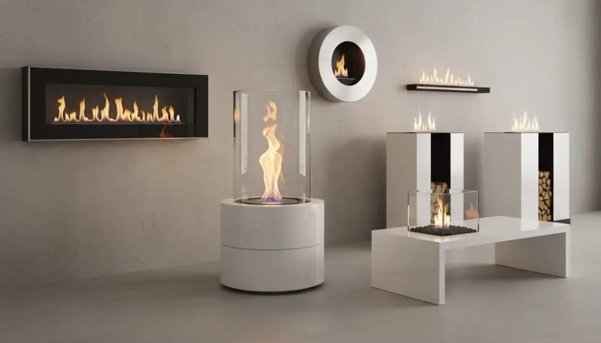 Diverse tipologie di camini bioetanolo da parete, da pavimento e da tavolo