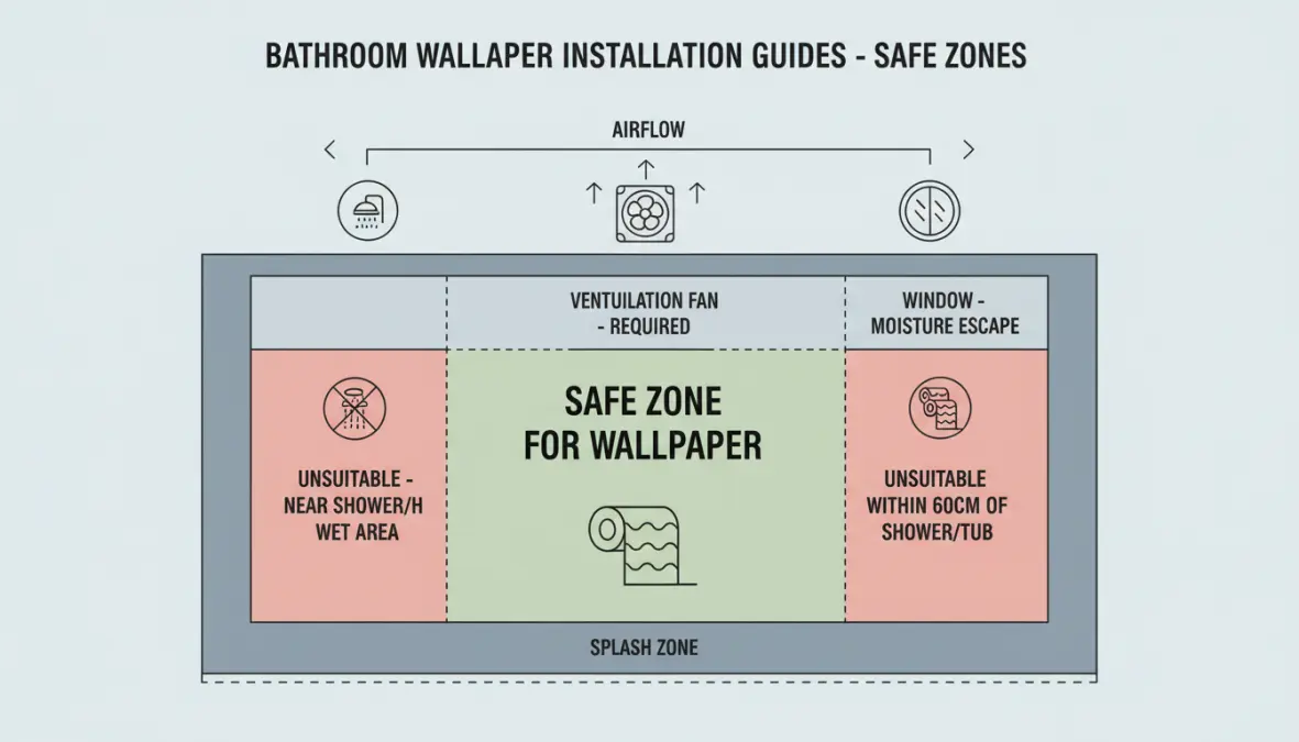 Schema posizionamento carta da parati in bagno nelle zone sicure