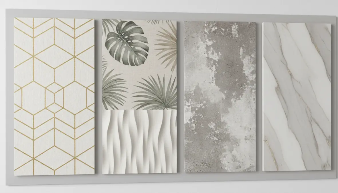 Campioni di carta da parati moderna con diversi pattern geometrici e texture materiche